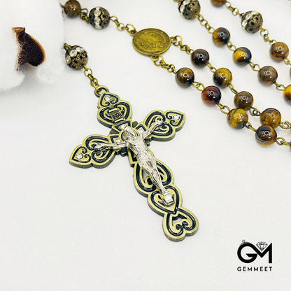 Tiger Eye Cross Pendant Rosary Necklace