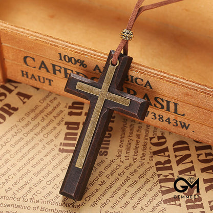 Double Alloy Wood Cross Necklace