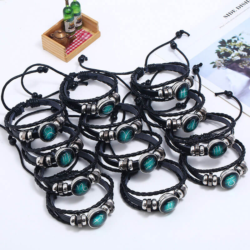 Luminous Twelve Constellation Couple Cowhide Bracelet Multi-Layer Braided Starry Sky Leather Bracelet