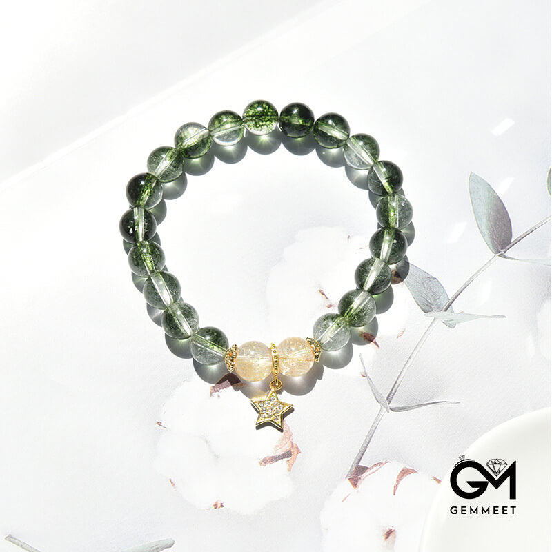 Green Phantom Gold Rutilated Quartz Star Pendant Bracelet