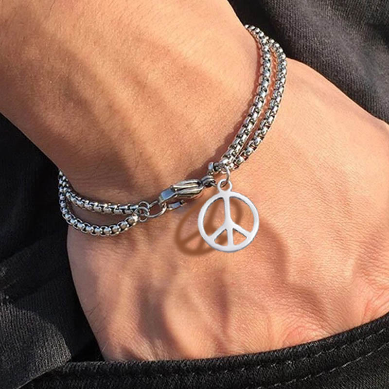 Peace Sign Double Link Cross Titanium Bracelet