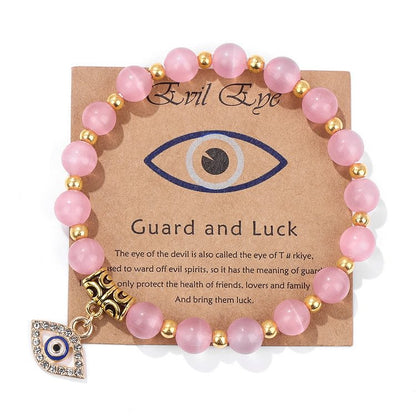 Pink Opal & Color Stone Bead Evil Eye Pendant Bracelet