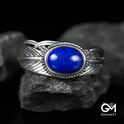 Stone Engraved Feather Open Adjustable Ring