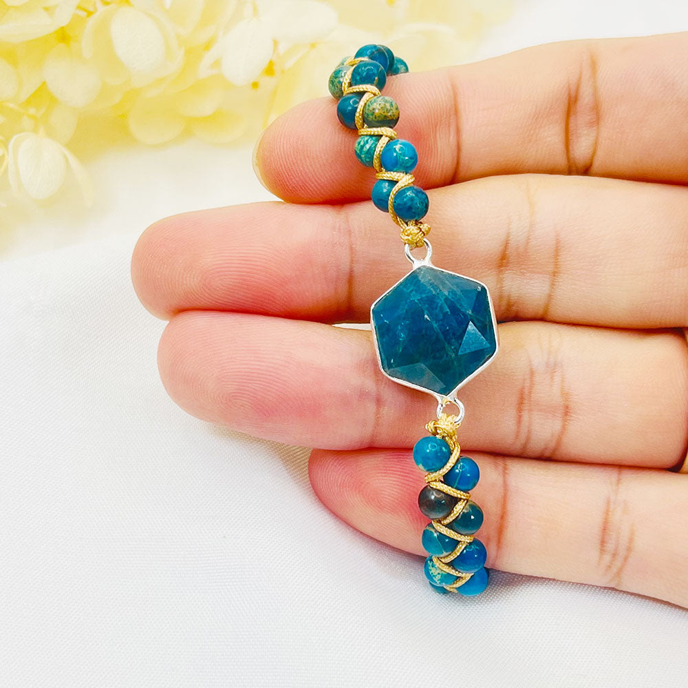 Double Woven Hexagonal Top Hanging Blue Shoushan Stone Bead Bracelet