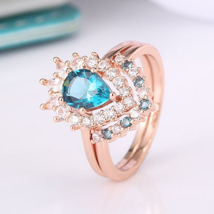 Blue Topaz White Zircon Crystal Design Rose Gold Ring