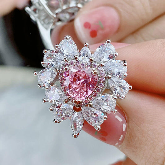 Cluster Set Imitation Natural Argyle Pink Diamond Jewelry Sweet Cool Heart Shape Pink Diamond Ring