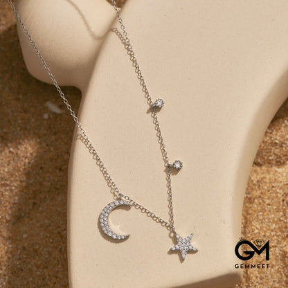 S925 Sterling Silver White Round Zircon Inlaid Star Moon Necklace