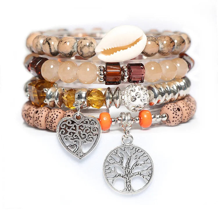 Tree Of Life Heart Pendant Beaded Bracelet Set