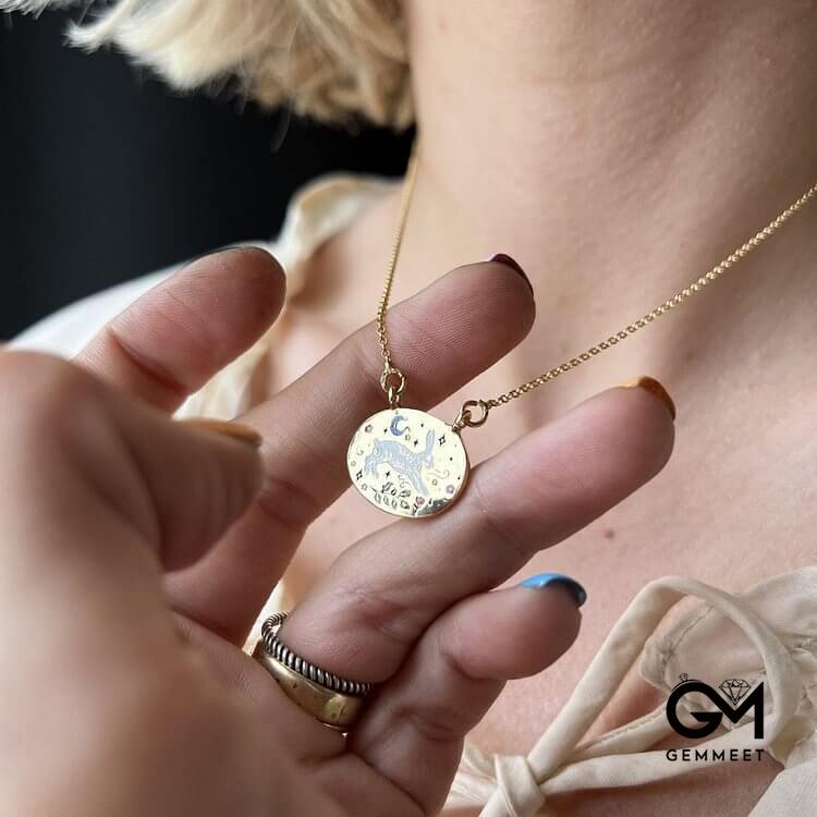 Hand Painted Dripping Oil Rabbit Zodiac Elements Necklace