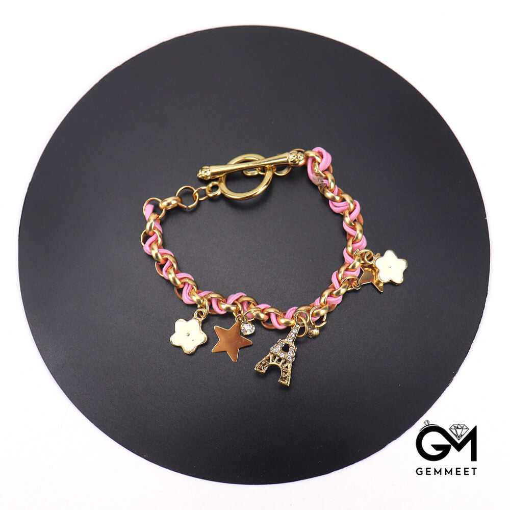 Leather Rope Flower Tower Zircon Star Bracelet