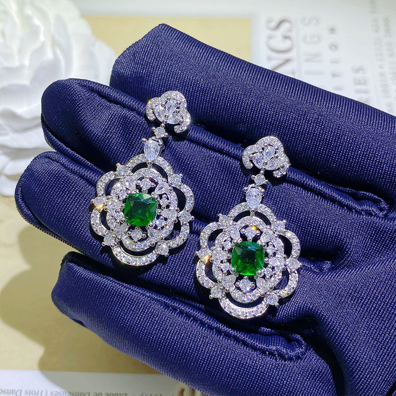 Flower Fairy Earrings Micro-studded Diamond Retro Court Style Emerald Long Earrings