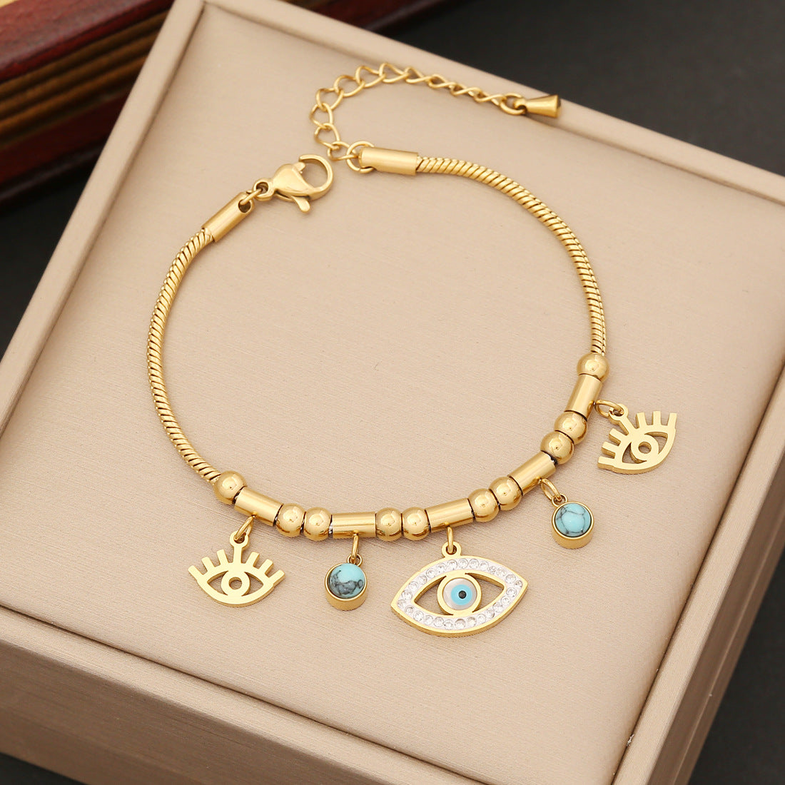 Hollow Evil Eye Golden Bead Pendant Bracelet Necklace & Earrings