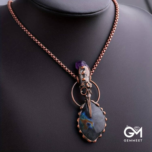 Copper Hummingbird Head Amethyst Labradorite Gemstone Necklace