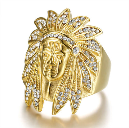 HIPHOP Ring Gold-plated Inlaid Zircon Indian Chief Men's Ring