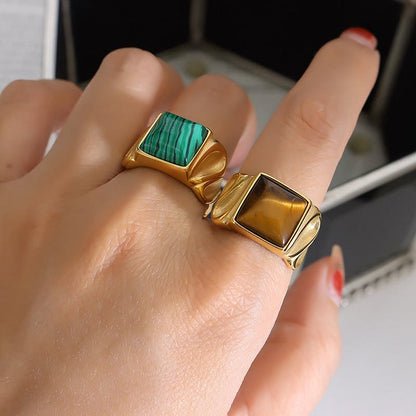 Square Malachite Tiger Eye Gold Silver Titanium Ring