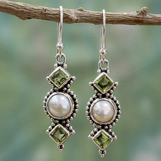 Vintage Thai Silver Pearl Emerald Earrings