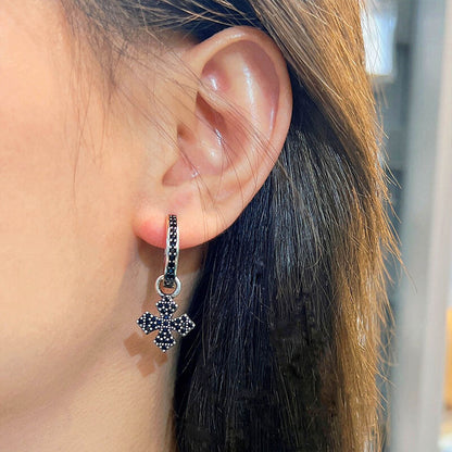 Retro Thai Silver Unique Black Zircon Cross Crown Love Asymmetric Earrings AB Style