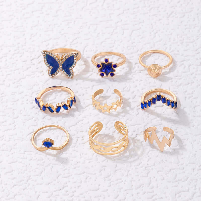 9 Pieces Butterfly Rhinestone Ring Set