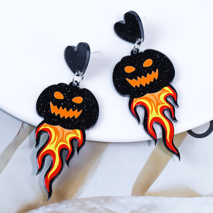 Halloween Flame Demon Pumpkin Head Acrylic Earrings