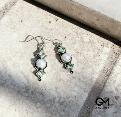 Vintage Thai Silver Pearl Emerald Earrings