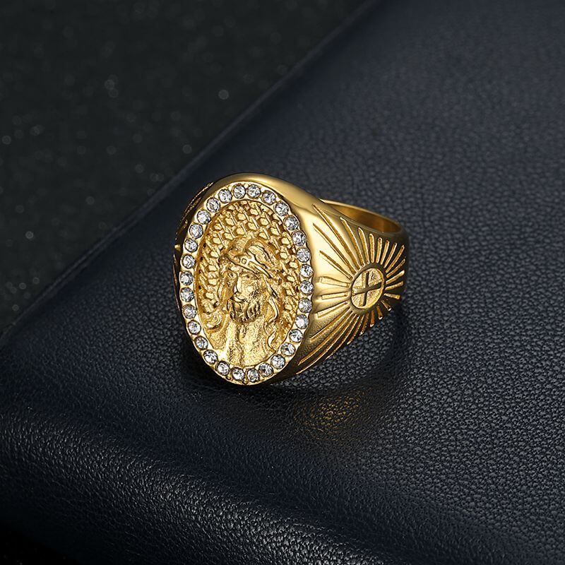 HIPHOP Ring Vacuum Gold-plated Inlaid Zircon Jesus Ring