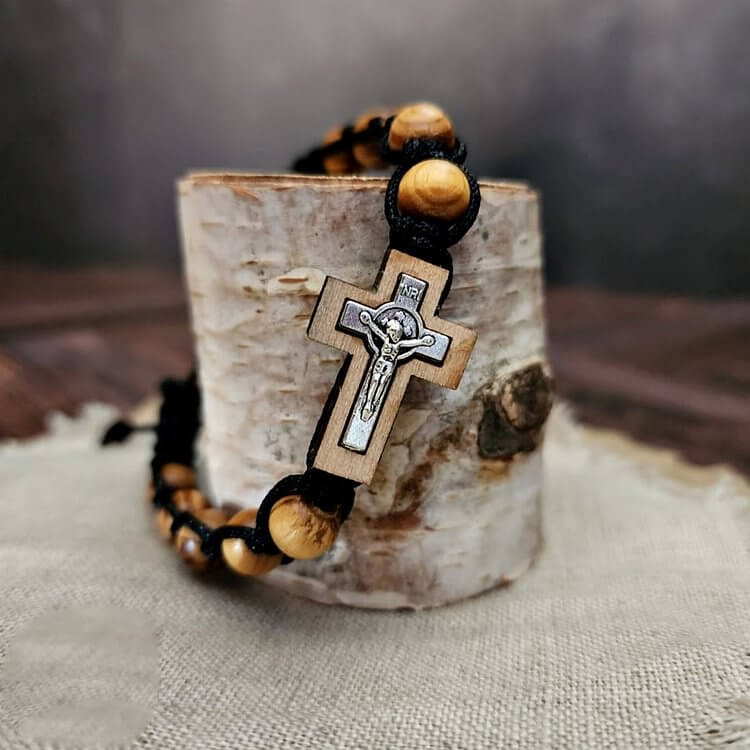 Cross Jesus Wooden Rosary Wrap Bracelet