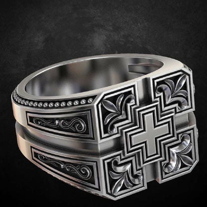 Vintage Carved Cross Totem Men Ring