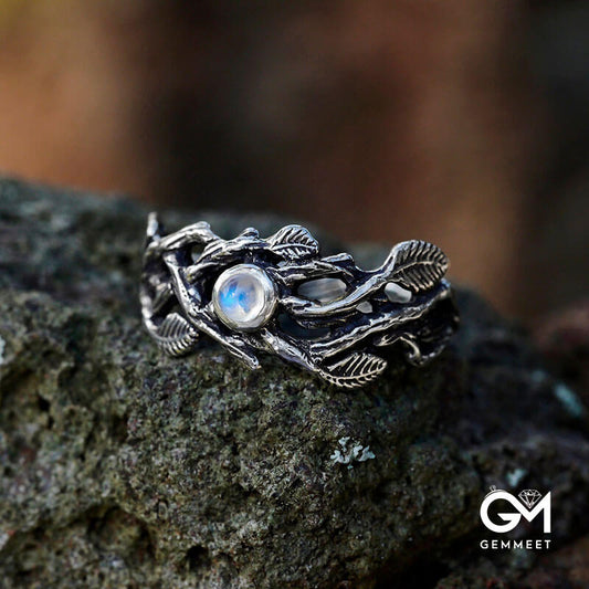 Retro Branch Leaf Hollow Moonstone Ring