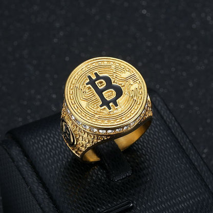 Hip-hop Ring Titanium Steel Gold-plated Inlaid Cubic Zirconia B Letter Bitcoin HIPHOP Men's Ring