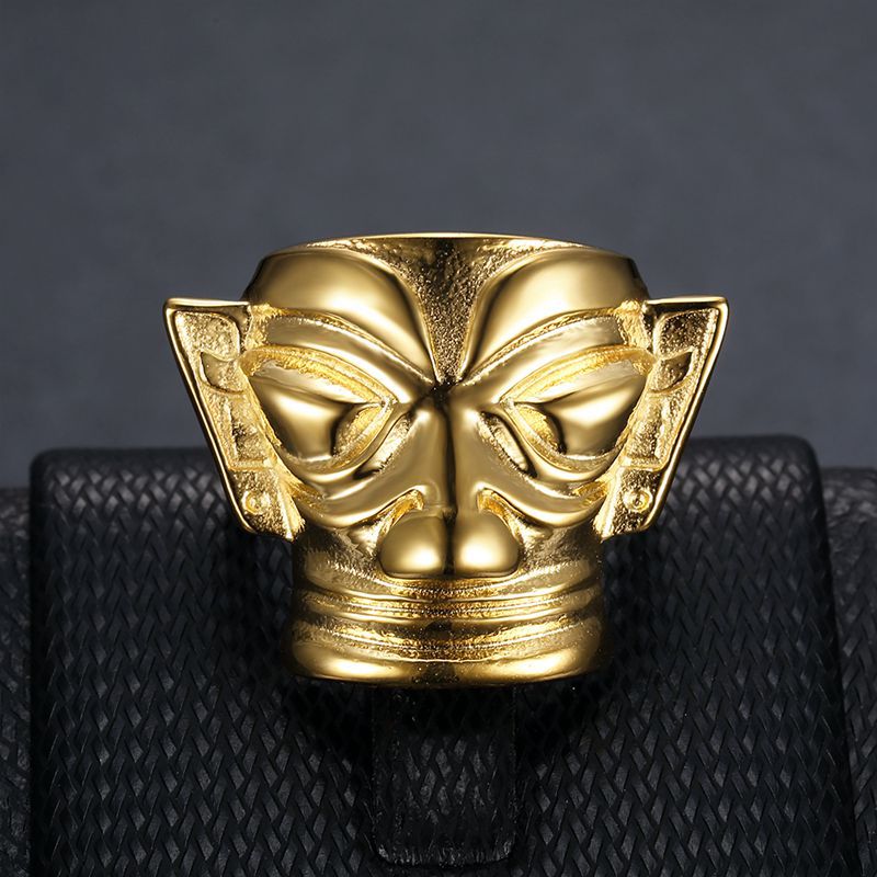 East Sanxingdui Head Gold Mask Retro Men's Ring