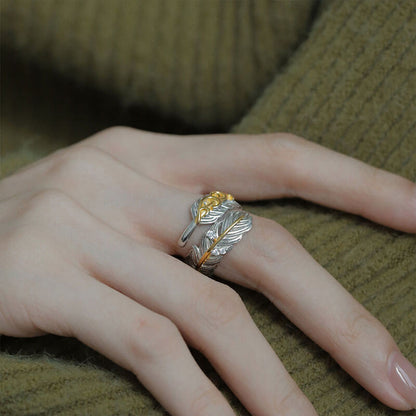 Rhodium-plated Silver Two-Tone Gold Colorblock Feather Ring