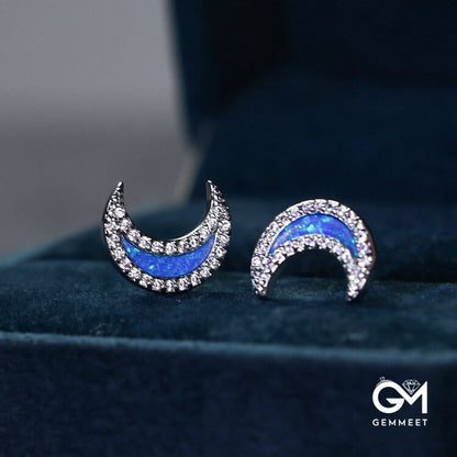 Blue Opal Zircon Moon Shape Earrings