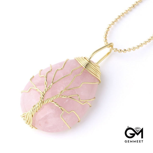 Gold Thread Drops Pink Crystal Pendant Necklace