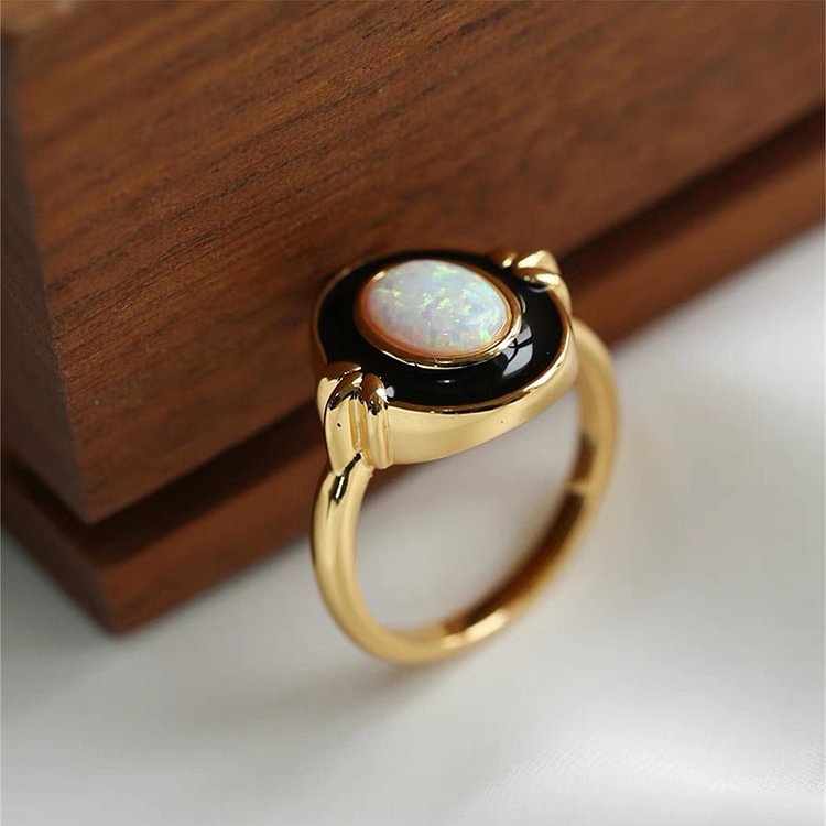 Dainty Opal Black Epoxy Vintage Ring