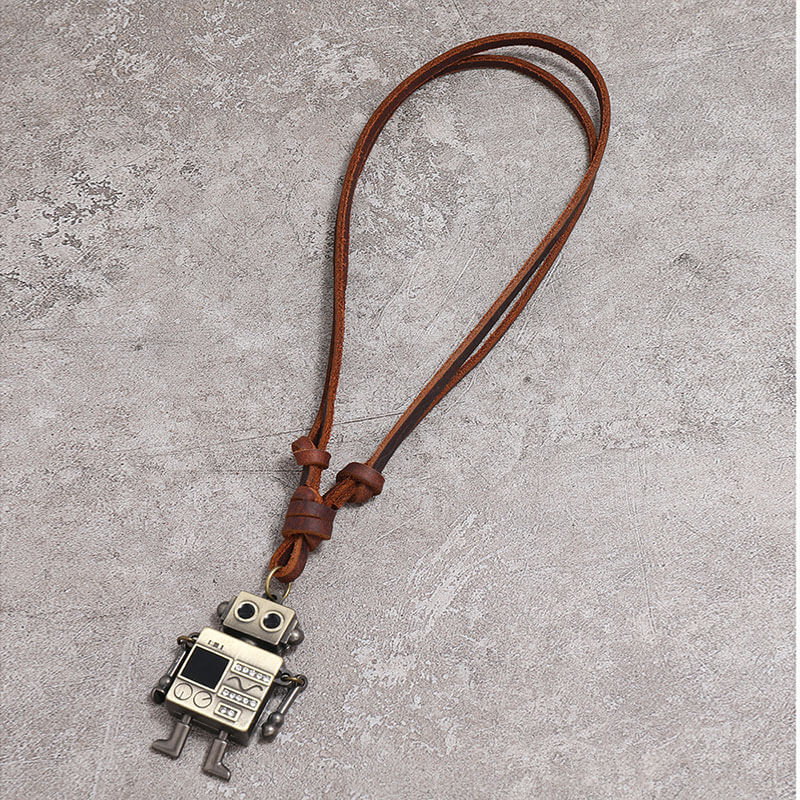 Movable Robot Pendant Leather Necklace