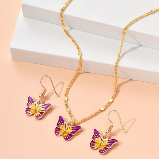 Purple Butterfly Necklace Earrings Set