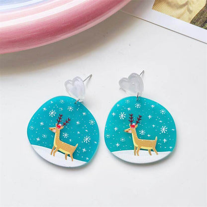 Christmas Vintage Embossed Print Holiday Acrylic Earrings Elk Snowman Christmas Tree