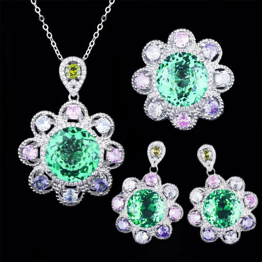 Brilliant Interstellar Spirit Mint Green Sunflower Set Gemstone Cut Ring Colorful Treasure Earrings Green Diamond Pendant Necklace