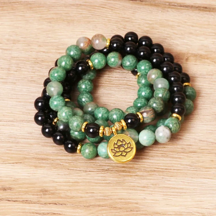 Green Aventurine Obsidian Lotus Symbol Necklace Bracelet