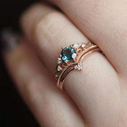 2 Pcs Teal Sapphire Engagement Ring Set