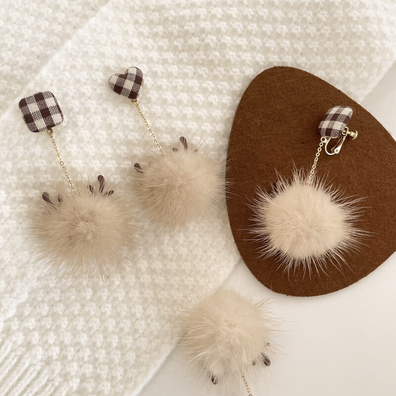 Christmas Elk Fur Ball Brown Girl Sweet Earrings Without Pierced Ear Clips