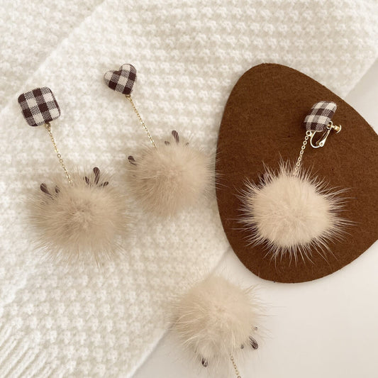 Christmas Elk Fur Ball Brown Girl Sweet Earrings Without Pierced Ear Clips