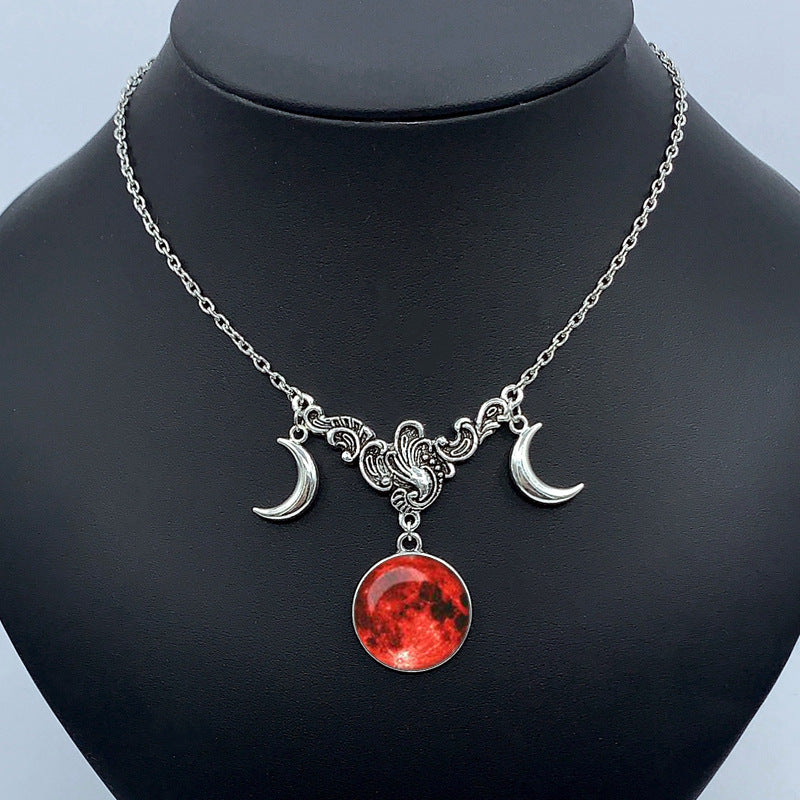 Vintage Double Crescent Red Moon Glass Necklace