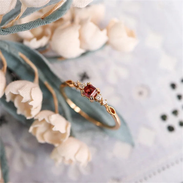 Dainty Square Garnet Gold Minimalist Ring