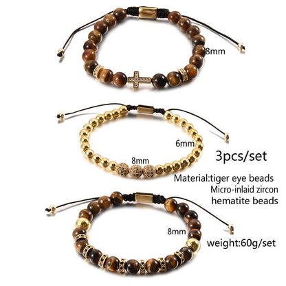 3Pcs/Set Tiger Eye Stone Beaded Men Cross Bracelet