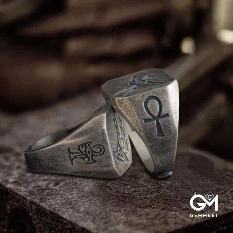 The God Of The Sky - Horus and Anubis Sterling Silver Ring