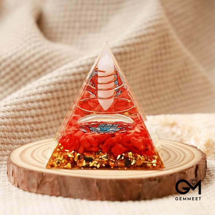 Opal With Red Coral Hamsa Orgone Pyramid