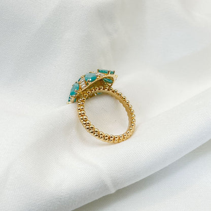 Golden Round Seven Flowers Light Blue Zircon Ring