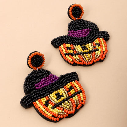 Halloween Pumpkin Head Magic Hat Hand Stitched Rice Bead Earrings