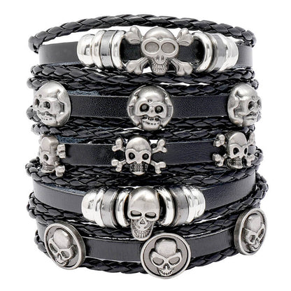 Handmade Beaded Leather Five-Piece Bracelet Skull Halloween Cowhide Bracelets